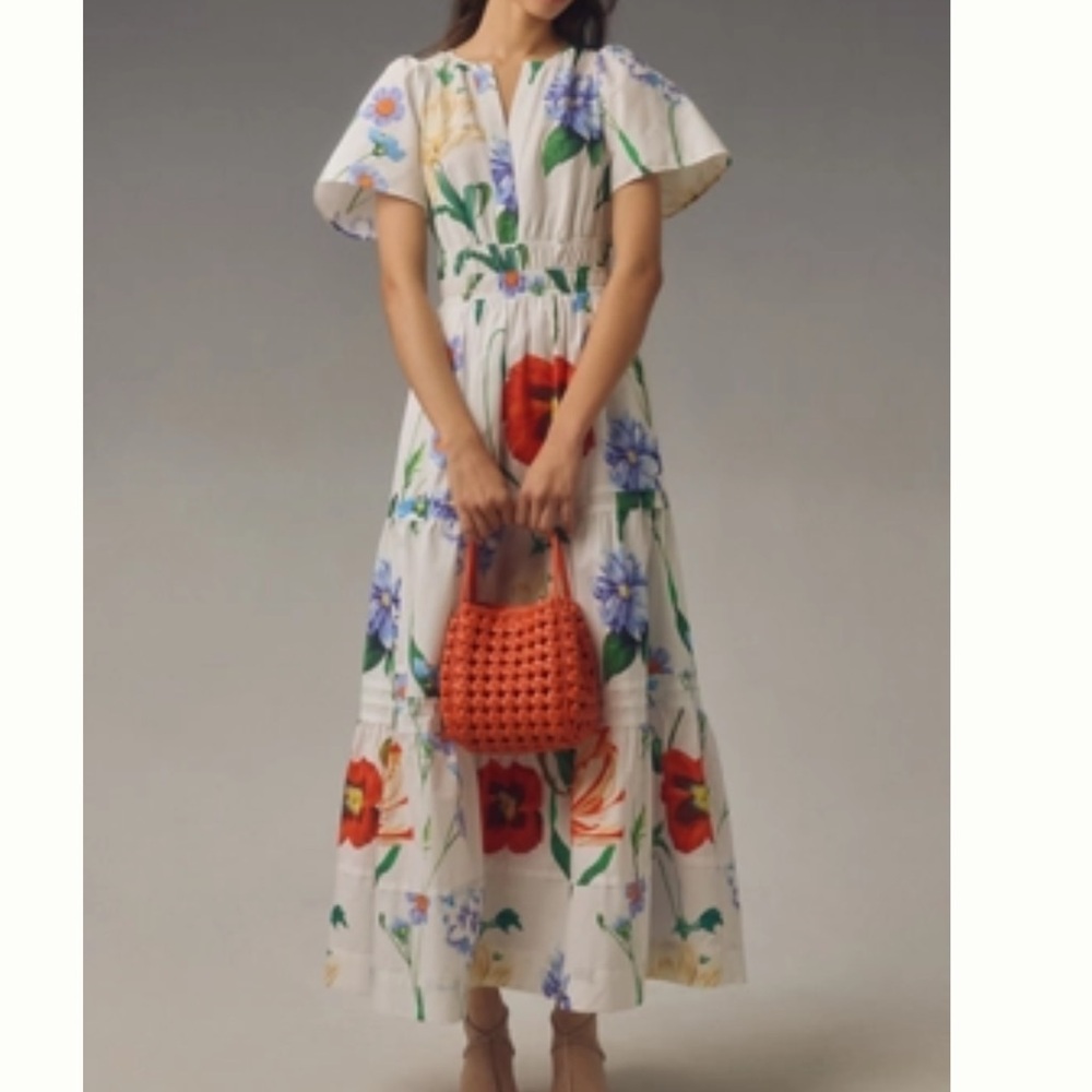 Floral Maxi Dress in White with Red and Blue Accents